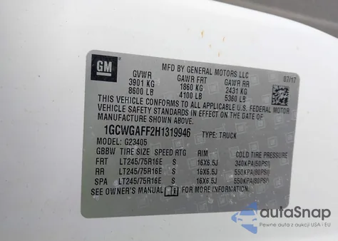 2017 Chevrolet Express 2500 Work Van from USA, damaged, VIN 1GCWGAFF2H1319946